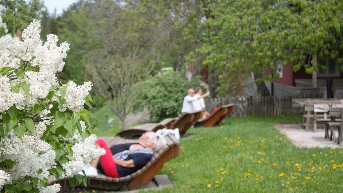 Eine ruhige Gartenlandschaft mit Liegen und blühenden Pflanzen. Im Hintergrund entspannen Menschen auf den Liegen.