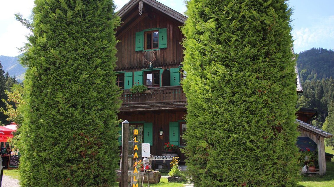 Ein traditionelles Holzhaus mit grünen Fensterläden, umgeben von hohen Zypressen. Der Garten ist gepflegt und ein Schild zeigt den Namen "Blaahof" an. | © Viola Lechner