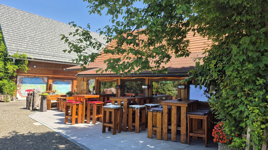 Ein gemütlicher Außenbereich mit Holzmöbeln und viel Grün. Im Hintergrund ist ein Gebäude mit Fenstern und einem klaren blauen Himmel zu sehen. | © TV Hochsteiermark