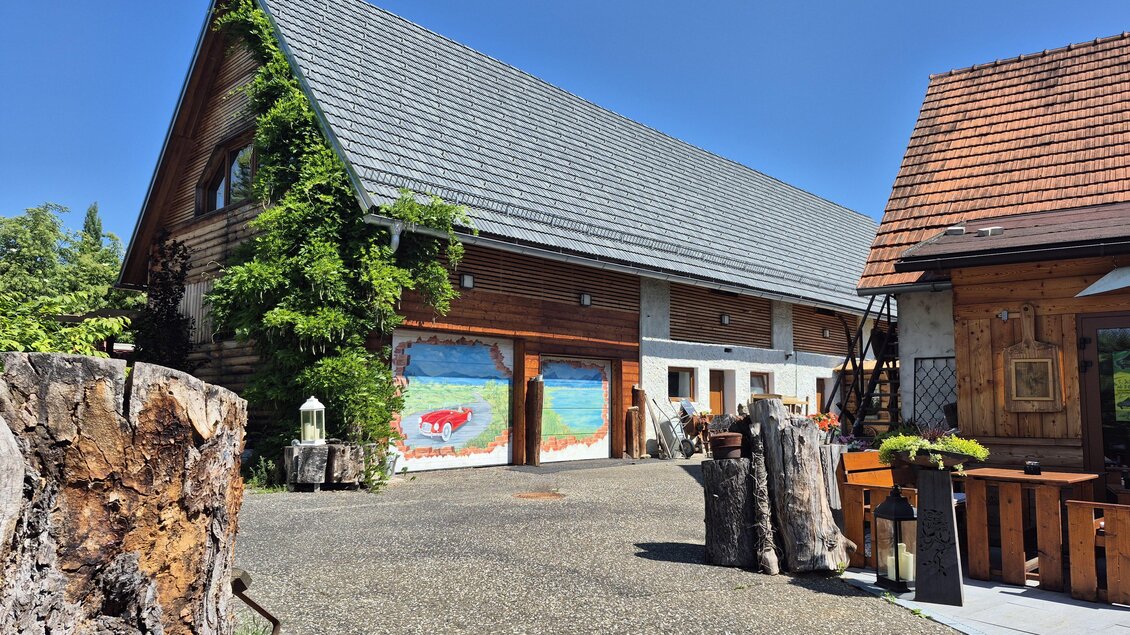 Ein modernes Holzhaus mit einem großen Satteldach und bunten Wandgemälden. Im Vordergrund sind Holzstämme und eine schöne Terrasse zu sehen. | © TV Hochsteiermark