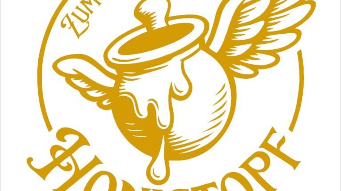 Ein Logo mit einem honigförmigen Topf, der Flügel hat. Darunter steht der Schriftzug "Zum fliegenden Honigtopf Brunch & Bistro". | © zum fliegenden Honigtopf