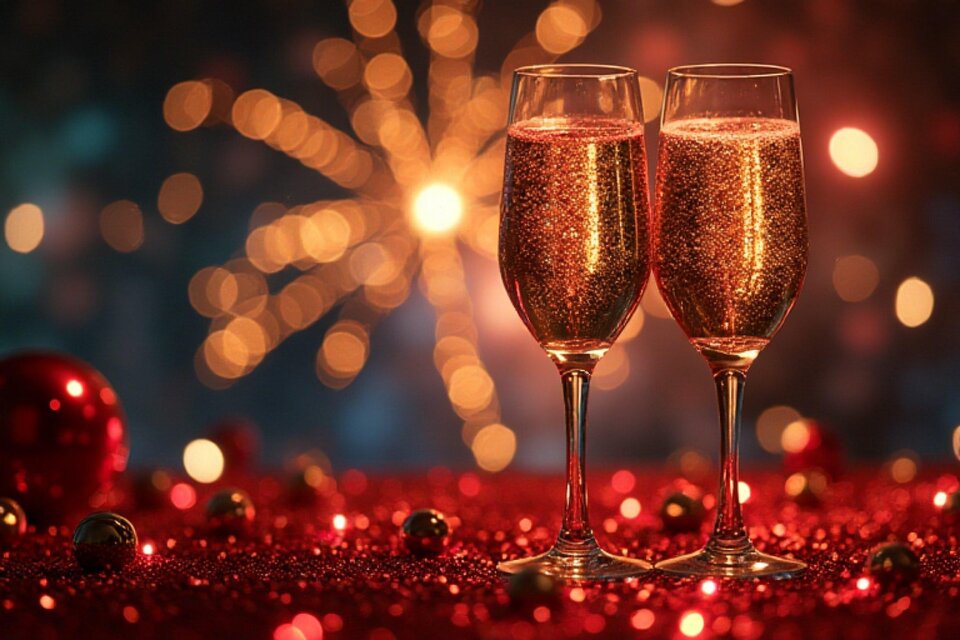 Zwei Gläser Sekt stehen vor einem glitzernden Hintergrund mit feierlichen Lichtern. Die Atmosphäre ist festlich und einladend. | © pixabay.com