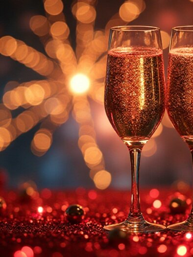 Two glasses of sparkling wine stand before a glittering background with festive lights. The atmosphere is celebratory and inviting. | © pixabay.com