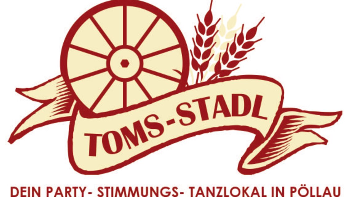 Ein Logo für "Toms-Stadl", ein Party- und Tanzlokal in Pöllau. Es zeigt ein Wagenrad und getreideähnliche Pflanzen.