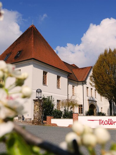 A beautiful building with a red roof and well-maintained trees. In the foreground, blooming plants can be seen. | © Weinschloss Thaller