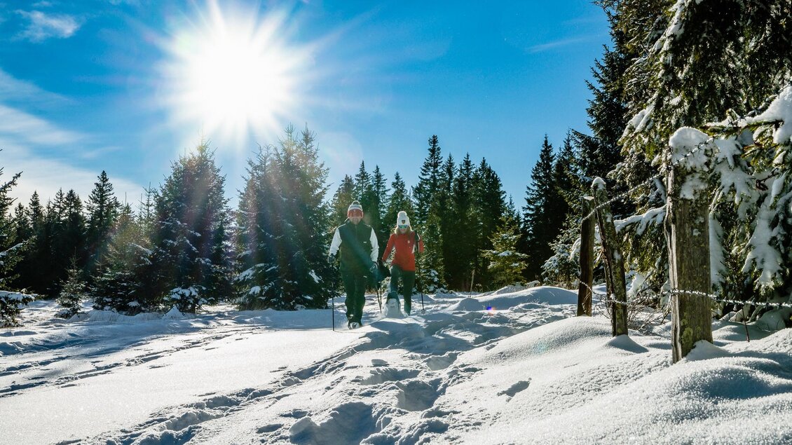 Zwei Personen gehen auf einem schneebedeckten Weg durch einen winterlichen Wald. Die Sonne scheint hell am blauen Himmel. | © Region Graz-Mias Photoart