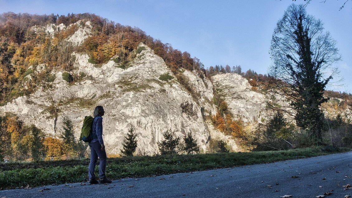 Wanderer auf Schotterstraße vor steiler Felswand der Bradlschlucht bei Peggau. | © WEGES