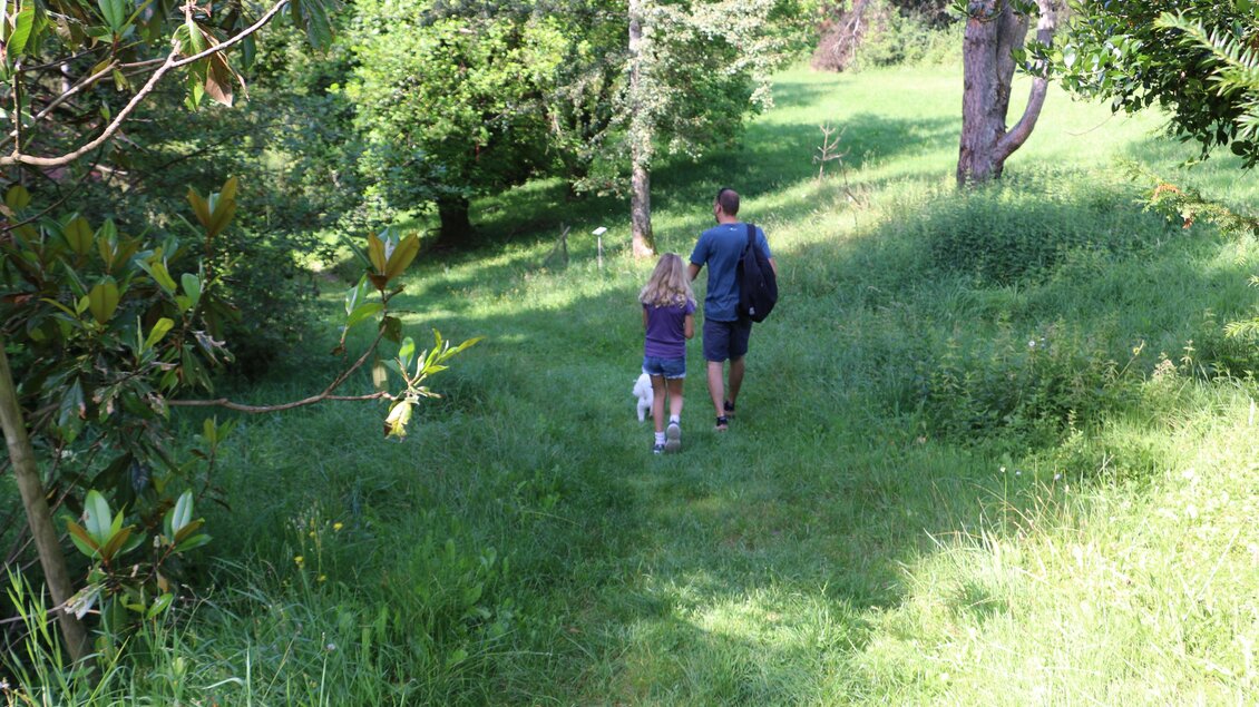 Vater mit Kind und Hund auf Wiesenweg im Kaiserwald bei Premstätten. | © WEGES