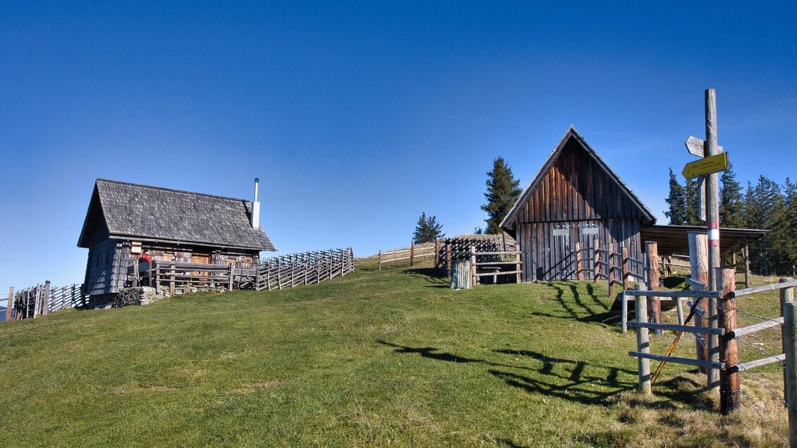 Zwei traditionelle Almhütten auf der Gmoaalm bei Übelbach, umgeben von Weidezäunen und grüner Wiese. | © WEGES
