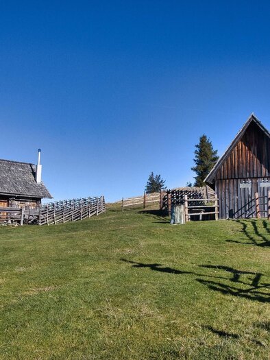 Zwei traditionelle Almhütten auf der Gmoaalm bei Übelbach, umgeben von Weidezäunen und grüner Wiese. | © WEGES