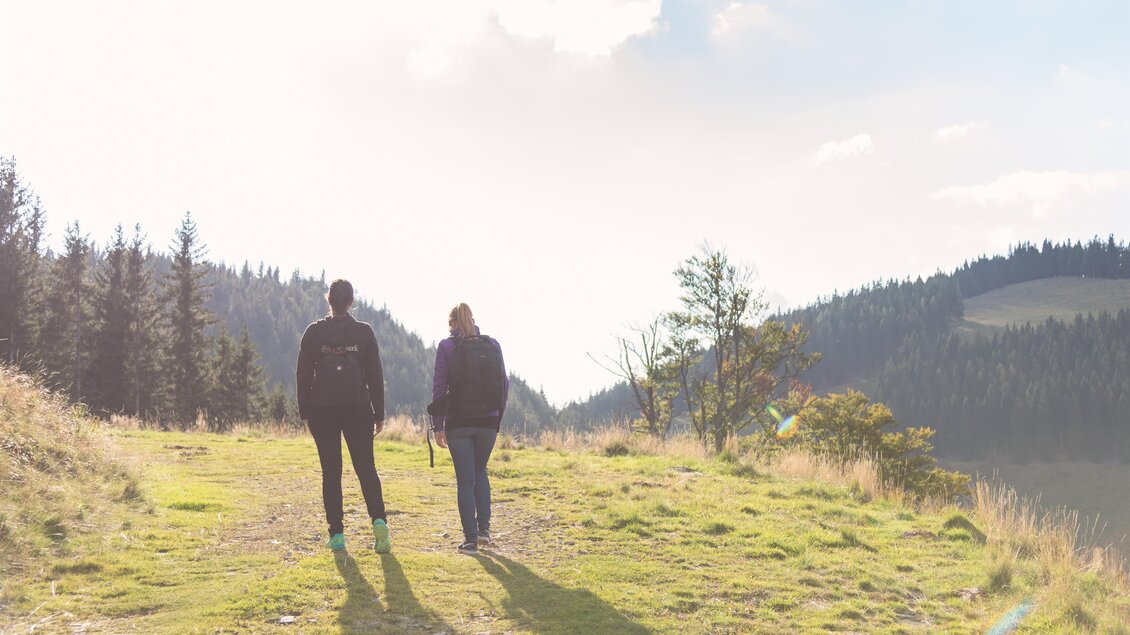 Zwei Wanderer gehen auf einem Almweg über die Gmoaalm in der Steiermark, im Hintergrund bewaldete Hügel. | © Region Graz-Mias Photoart