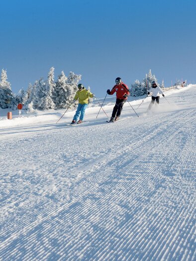A snow-covered slope with skiers skiing down the hill. The sky is clear and blue, while the trees in the background are covered with snow. | © Hannes Gsell