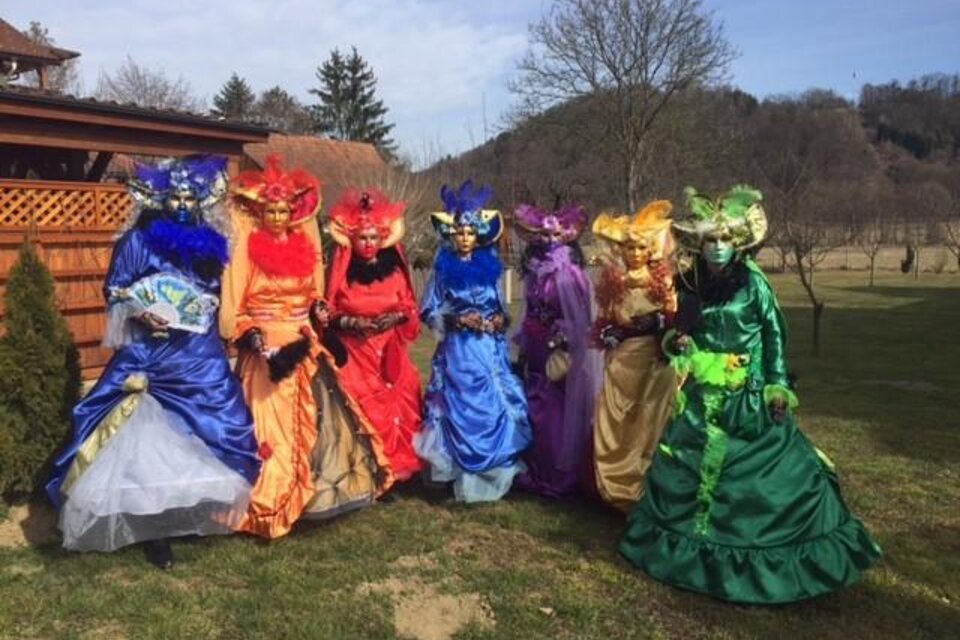 Eine Gruppe von Personen in farbenfrohen Kostümen und Masken steht im Freien. Der Hintergrund zeigt eine ruhige Landschaft mit Bäumen und Wiesen. | © Anni Rathkolb