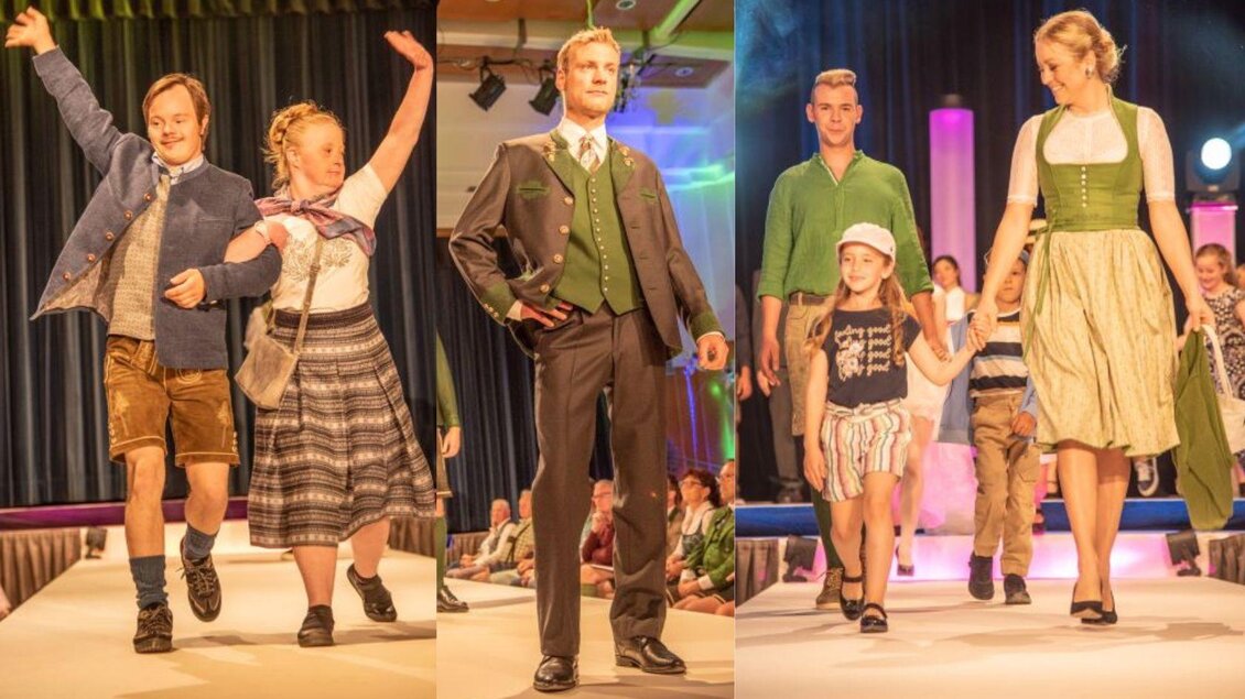 Eine Modenschau mit verschiedenen Modellen, die traditionelle Kleidung präsentieren. Die Szene zeigt fröhliche Teilnehmer auf dem Laufsteg. | © www.narzissenfest.at-Sams