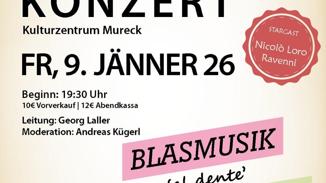 Ein Plakat für ein Neujahrskonzert im Kulturzentrum Mureck. Es enthält Details zu Datum, Uhrzeit und Künstler. | © GTK Mureck