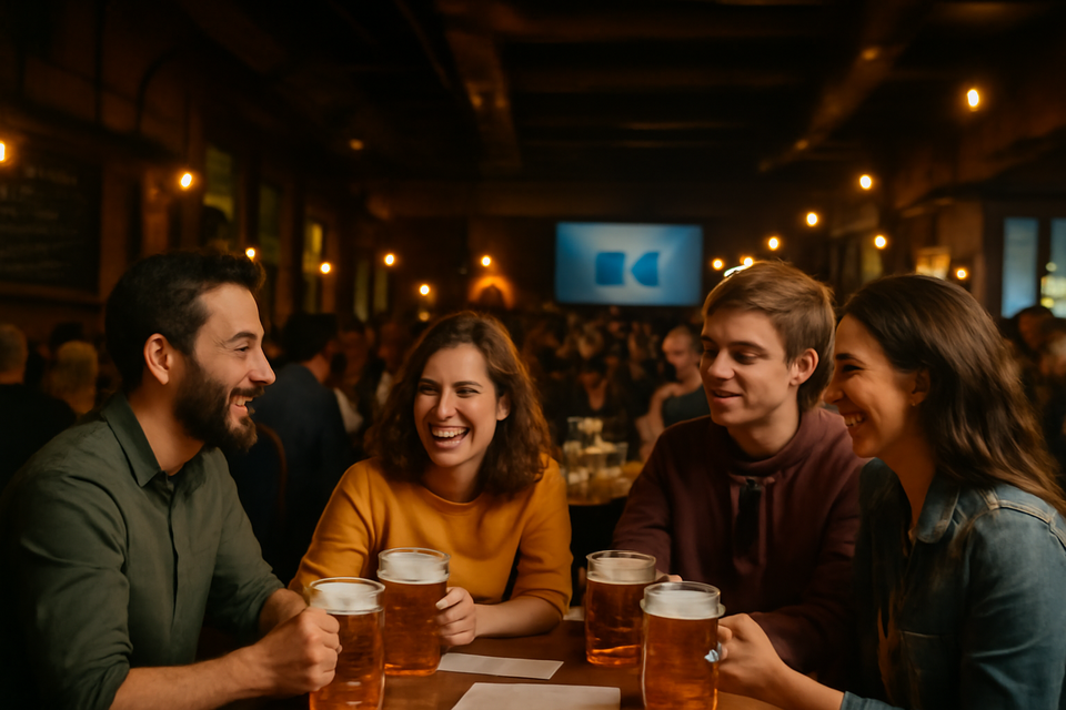 Zwei Damen und zwei Herren sitzen in einem gefüllten Saal mit einem Bier in der Hand und Quizblätter vor sich, in den Stadtsälen Voitsberg.  | © ChatGPT-Christine Rotschädl