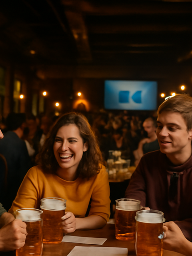Zwei Damen und zwei Herren sitzen in einem gefüllten Saal mit einem Bier in der Hand und Quizblätter vor sich, in den Stadtsälen Voitsberg.  | © ChatGPT-Christine Rotschädl