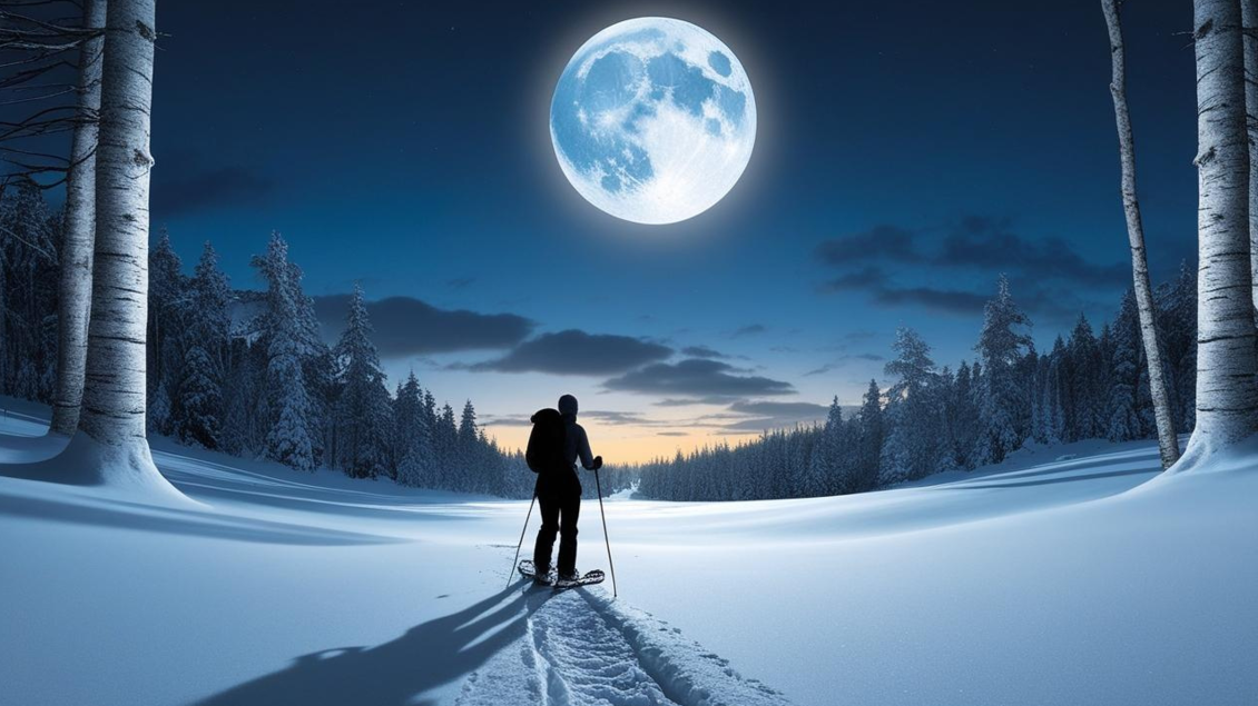 Eine schneebedeckte Landschaft unter einem klaren Nachthimmel. Eine Person mit Skiern steht im Vordergrund, während der volle Mond leuchtet. | © Christine Rotschädl-canva KI