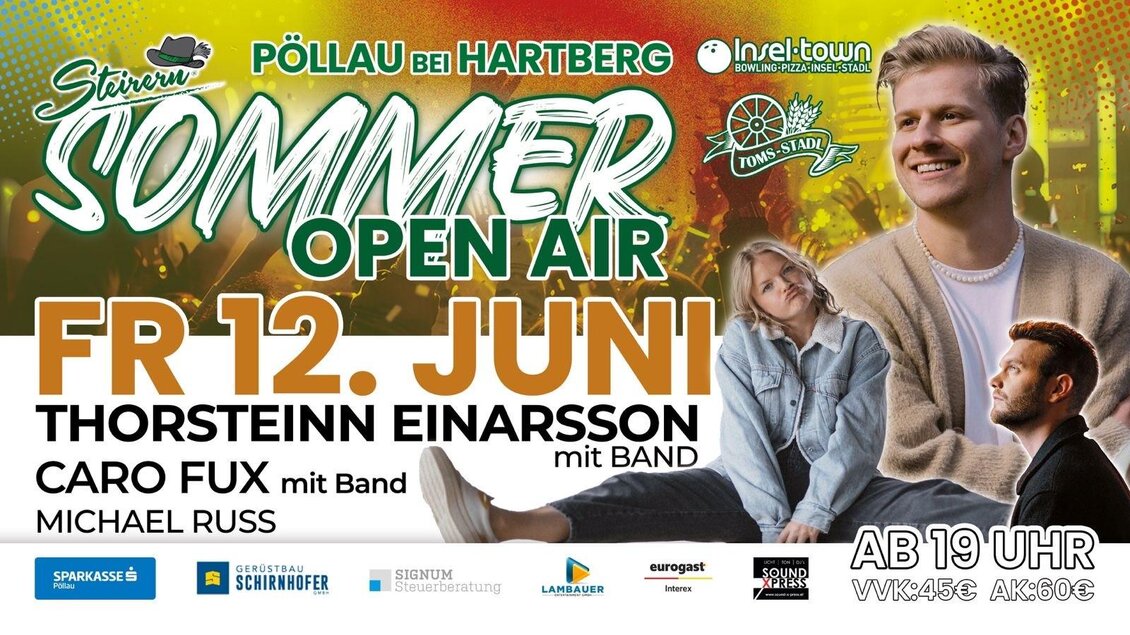 Ein Plakat für das Sommer Open Air 2025 mit Ben Zucker in Pöllau bei Hartberg. Die Veranstaltung findet am Freitag, den 20. Juni 2025, statt. | © Thomas Heschl