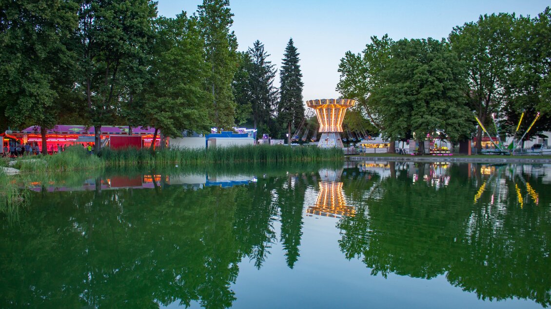 Ein schöner Park mit einem ruhigen Teich und bunten Lichtanlagen. Bäume umgeben den Bereich und spiegeln sich im Wasser. | © Sandra Brünner