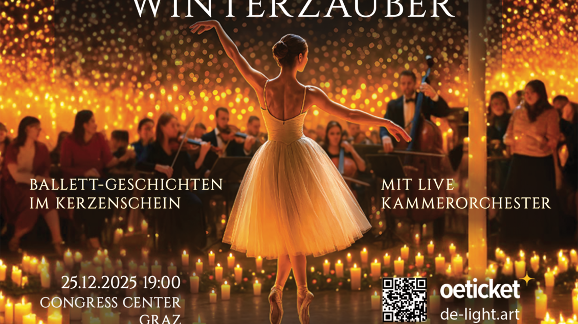 Veranstaltungskarte mit den notwendigen Informationen zu Winterzauber im Stefaniensaal in Graz. Im Vordergrund eine Balletttänzerin in weißem Kleid inmitten von unzähligen Kerzen, im Hintergrund ist da Orchester zu erkennen.  | © DE.Light Events UG