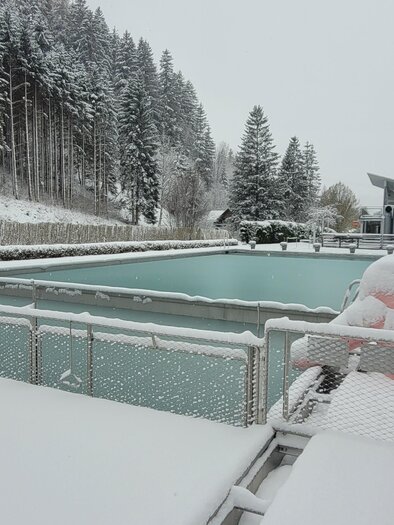 A peaceful outdoor area with a pool surrounded by snow. In the background, there are snow-covered trees and stylish architecture. | © Tim Fuchsberger 