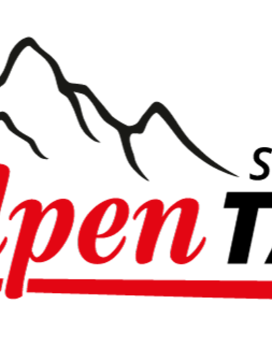 A logo with the word "Alpen" in red letters. In the background, stylized mountains are depicted in black. | © Alpen Taxi Logo