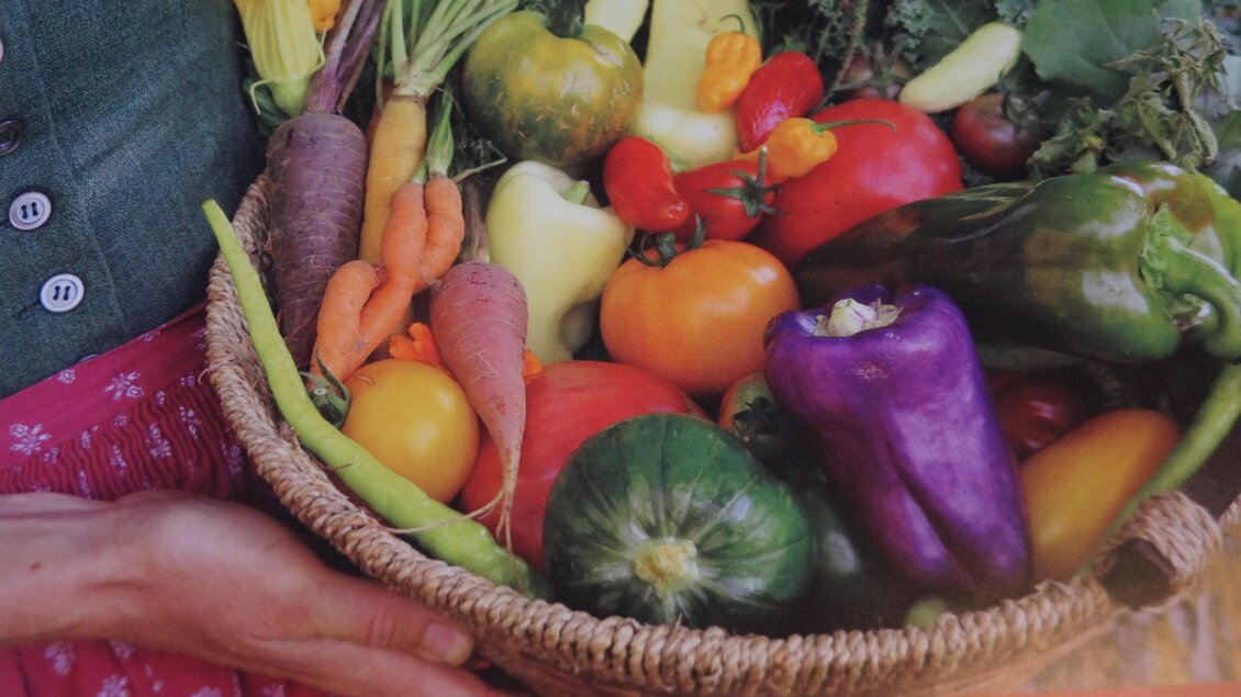 Ein Korb mit frischem Gemüse und Obst in verschiedenen Farben. Darunter sind Paprika, Karotten, Tomaten und Zucchini zu sehen. | © Marianne Ritzinger 