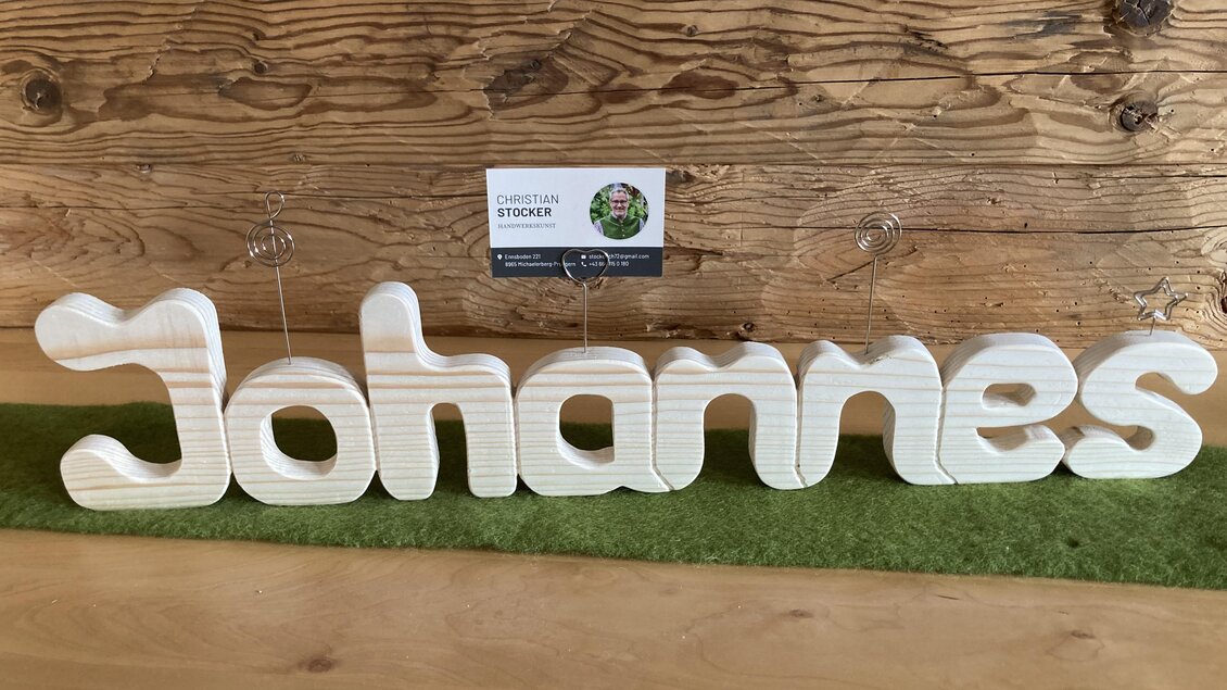 Ein dekoratives Schild mit dem Namen "Johannes" in weißen Buchstaben. Im Hintergrund befindet sich eine Holzwand und eine kleine Karte. | © Christian Stocker