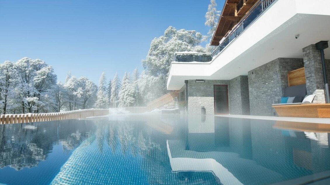 Ein stilvolles Haus mit einem modernen Pool in einer verschneiten Umgebung. Die klare blaue Wasseroberfläche spiegelt die winterliche Landschaft wider.