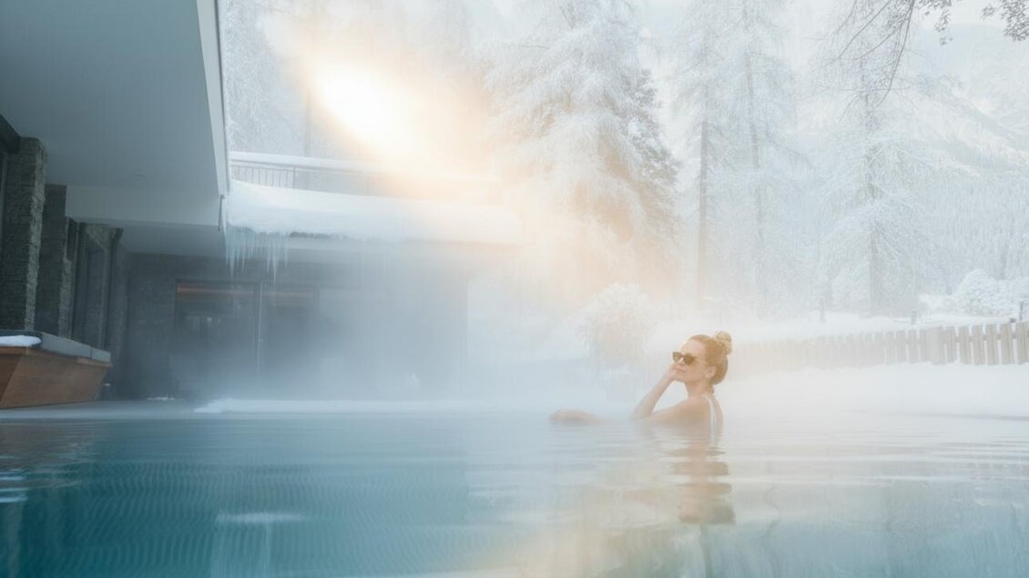 Ein entspannendes Schwimmbad in einer winterlichen Landschaft. Schnee bedeckt die Bäume, während jemand im warmen Wasser sitzt.