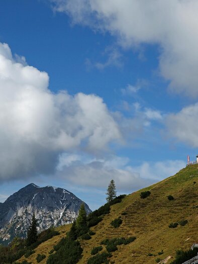 A beautiful mountain landscape with gentle hills and a clear blue sky. In the background, a house and a majestic mountain can be seen. | © Hans-Peter Steiner