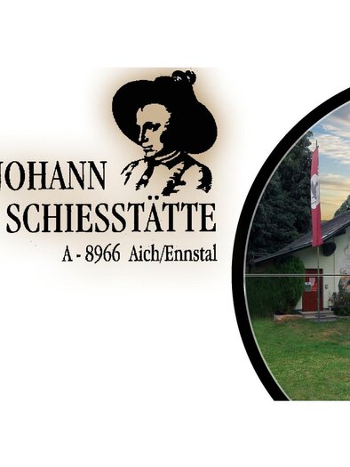 An infographic about the shooting range Erzherzog Johann in Aich/Ennstal. The image shows the building with a picturesque mountain landscape in the background. | © Erzherzog-Johann-Schießstätte Aich