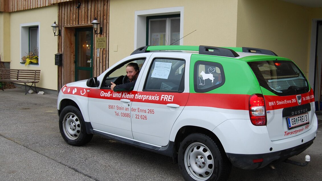 Ein farbenfrohes Auto steht vor einem Gebäude. Eine Person sitzt am Steuer und lächelt. | © Dr. Josef Frei
