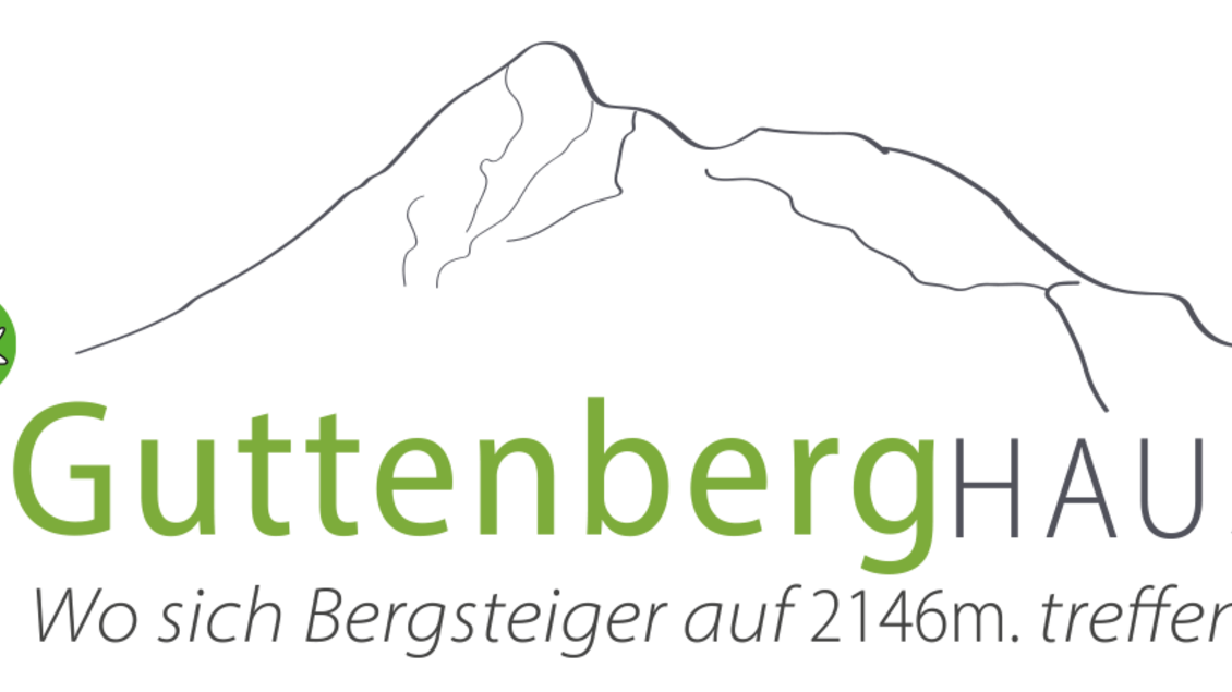 Ein Logo des GuttenbergHAUS mit einer Bergsilhouette. Der Text beschreibt, dass sich Bergsteiger auf 2146m dort treffen. | © Guttenberghaus