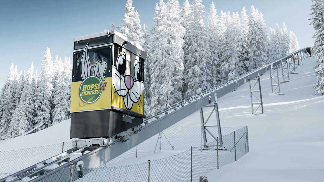 Eine Gondel mit einem Hasen-Motiv fährt auf einer verschneiten Winterpiste. Die Umgebung ist von schneebedeckten Bäumen geprägt und der Himmel ist klar. | © Planai-Hochwurzenbahnen