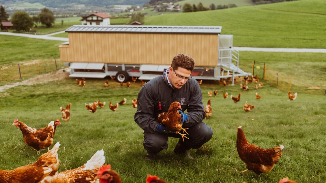 Ein Mann kümmert sich um Hühner auf einem grünen Feld. Im Hintergrund steht ein mobiler Hühnerstall. | © Richard Schabetsberger