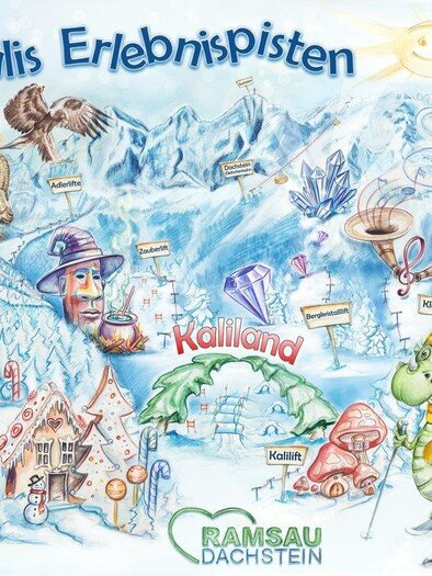 A colorful map of Kalis experience slopes, showcasing various attractions in winter. Several figures and landmarks are depicted in a snow-covered landscape. | © RVB