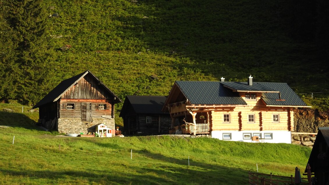 Eine malerische Landschaft mit zwei traditionellen Bauernhäusern. Die Gebäude liegen auf einer grünen Wiese inmitten von Bäumen. | © Naturpark Sölktäler