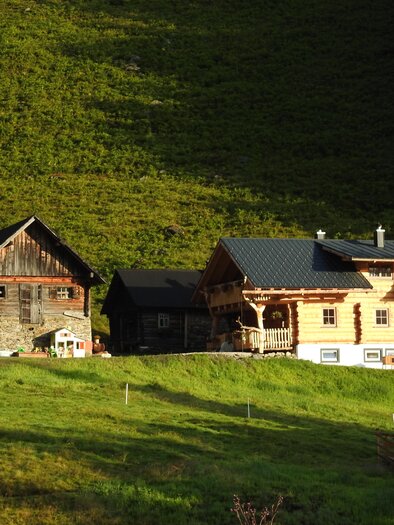 Eine malerische Landschaft mit zwei traditionellen Bauernhäusern. Die Gebäude liegen auf einer grünen Wiese inmitten von Bäumen. | © Naturpark Sölktäler