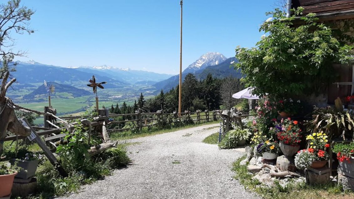 Eine malerische Farmstraße führt zu einem gemütlichen Bauernhaus mit blühenden Pflanzen. Im Hintergrund erstrecken sich die Alpen unter einem klaren blauen Himmel. | © Oberkogler-Alm