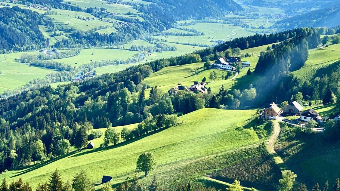 Eine malerische Landschaft mit saftig grünen Wiesen und majestätischen Bergen im Hintergrund. Eine Person steht in der Mitte und genießt die Aussicht. | © Sky Club Austria 