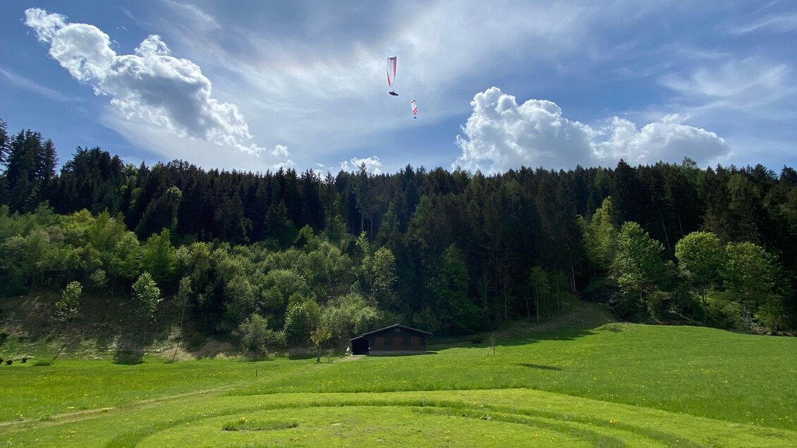 Ein grünes Feld mit einem spiralförmigen Muster. Im Hintergrund sind Bäume und ein blauer Himmel mit einigen Wolken zu sehen. | © Sky Club Austria 