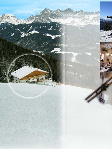 A picturesque winter landscape with snow-covered mountains and a cozy chalet. The image also features various activities and facilities in the snow. | © Preuneggstüberl