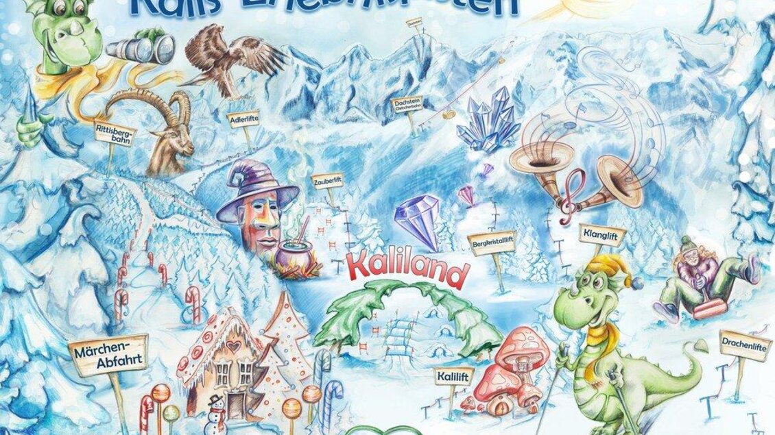 Eine bunte Karte der Kalis Erlebnis-Pisten in Ramsau am Dachstein. Sie zeigt verschiedene Attraktionen und eine winterliche Landschaft mit einem Drachen und anderen fantasievollen Elementen. | © RVB