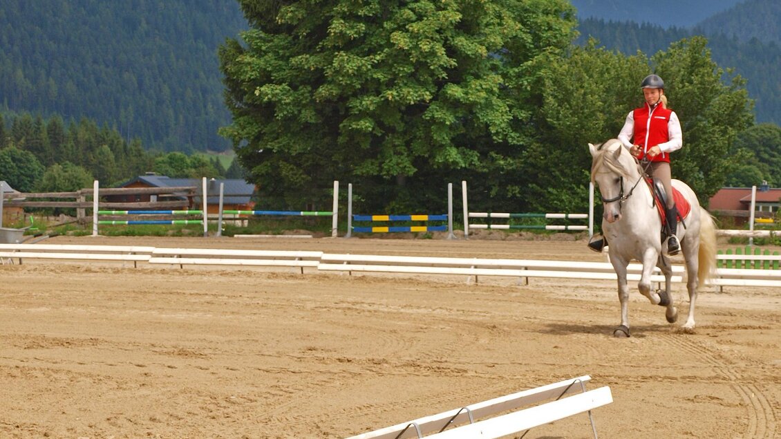 Eine Reiterin in roter Weste reitet auf einem weißen Pferd auf einem Sandplatz. Im Hintergrund sind Bäume und Berge zu sehen. | © Reiterhof Brandstätter