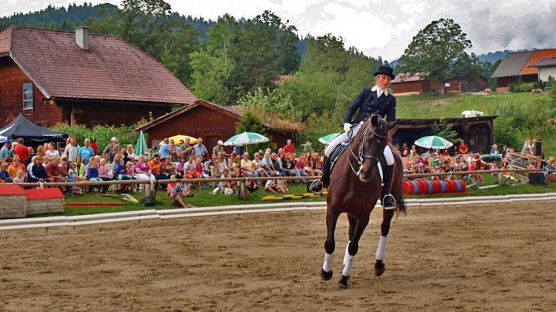 Ein Reiterin in formeller Kleidung reitet ein dunkles Pferd auf einem Bereich mit Sandboden. Im Hintergrund sind zahlreiche Zuschauer und mehrere Gebäude zu sehen. | © Reiterhof Brandstätter