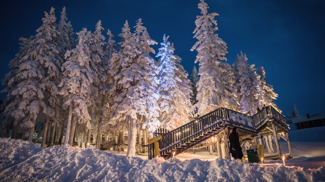 Ein winterlicher Wald mit schneebedeckten Bäumen und einem schönen Holzsteg. Die Szene wird von sanftem Licht erhellt. | © Christoph Huber