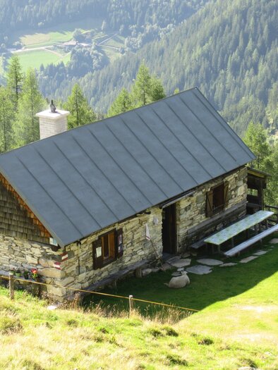 Ein Holzhaus in den Bergen, umgeben von grünen Wiesen und Bäumen. Die ruhige Landschaft bietet einen Blick auf die Berge im Hintergrund. | © Familie Holzinger