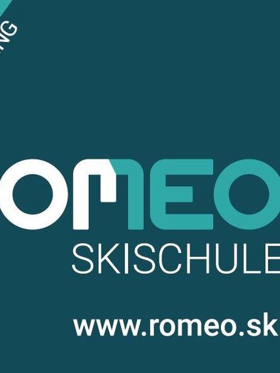The image shows the logo of the ski school "Romeo" in Schladming. It includes the website address www.romeo.ski and points to the news. | © Skischule Romeo